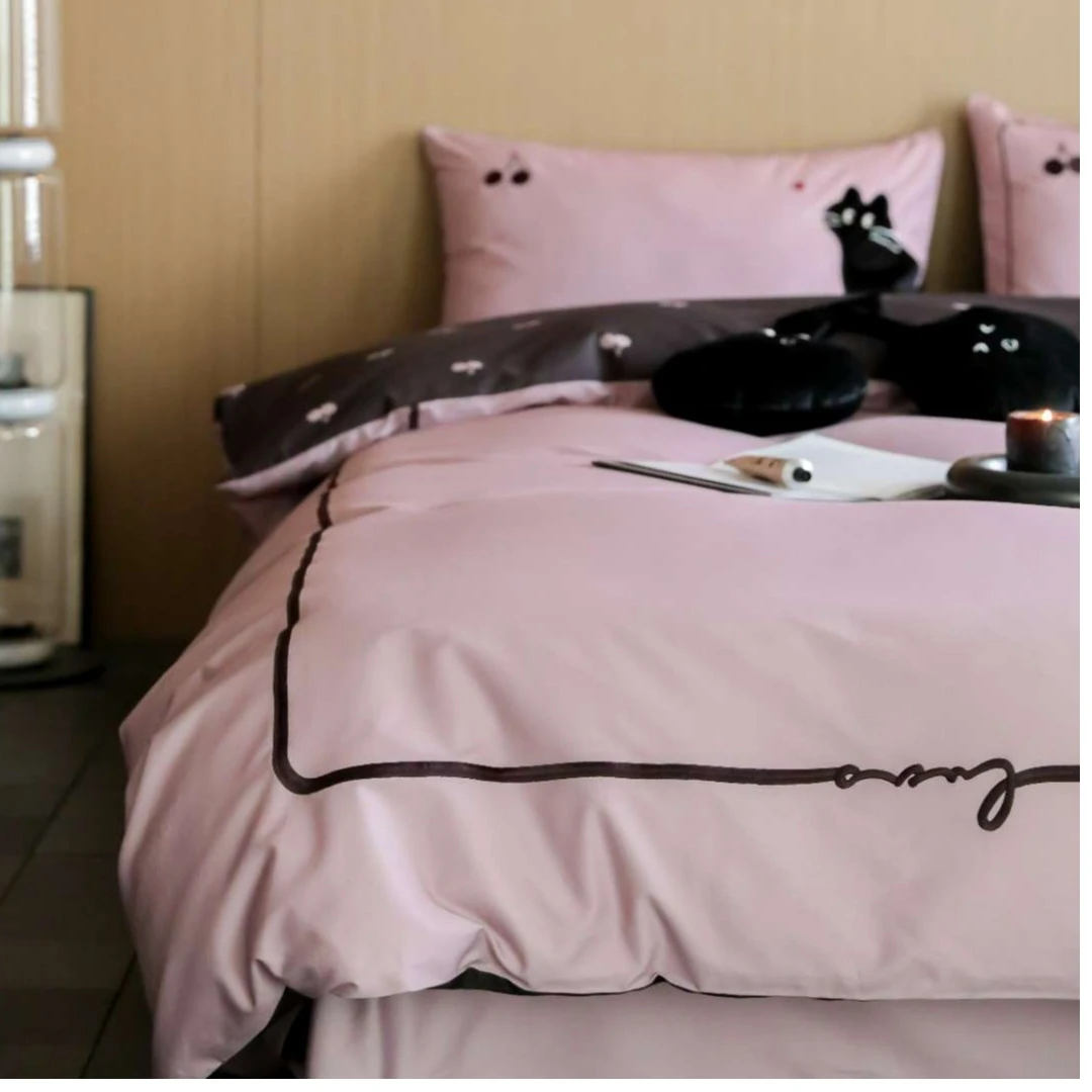 觅佳家纺 樱桃小猫100S长绒棉四件套纯棉可爱韩式简约