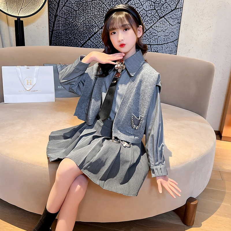 【现货】女童学院风套装2023新款春装洋气百褶裙大童jk制服三件套