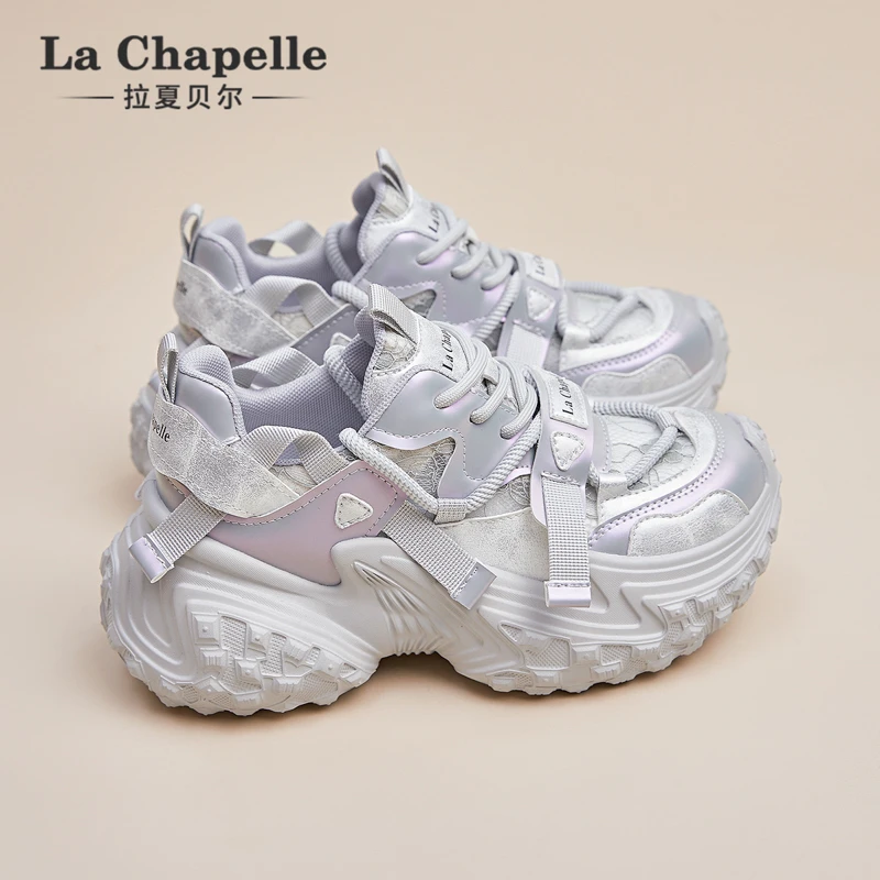 拉夏贝尔紫色老爹鞋女2024夏季新款网面透气ins厚底运动休闲单鞋