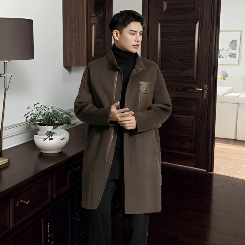 双面呢拉链时尚宽松中长款秋冬季外套羊毛大衣休闲韩版男士毛呢