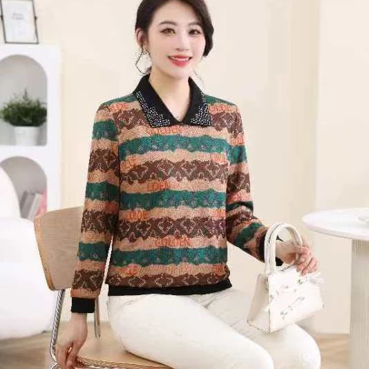秋冬新款洋气时尚烫钻减龄网红百搭长袖衬衫针织复古女士提花上衣