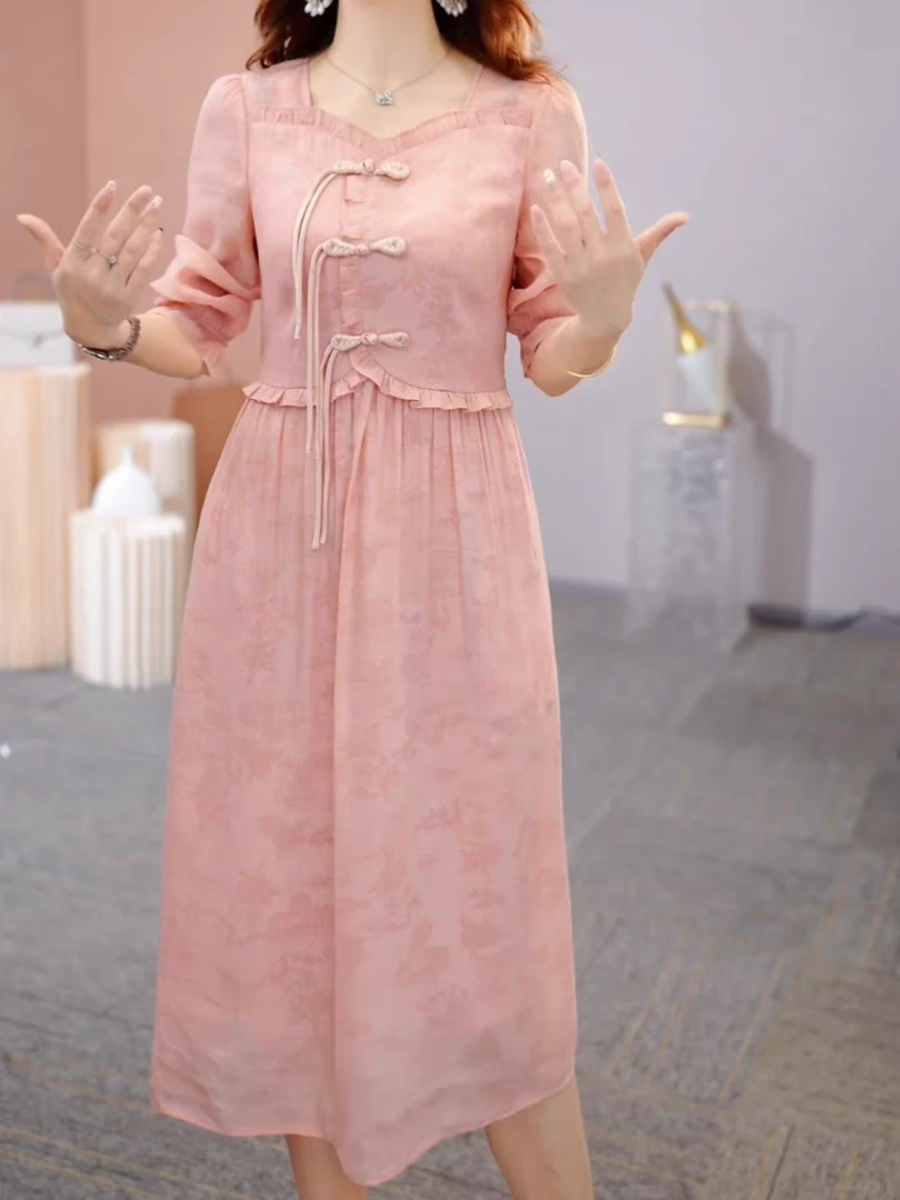 L336气质国风长袖连衣裙女2024春秋新款妈妈高级感秋季碎花裙子