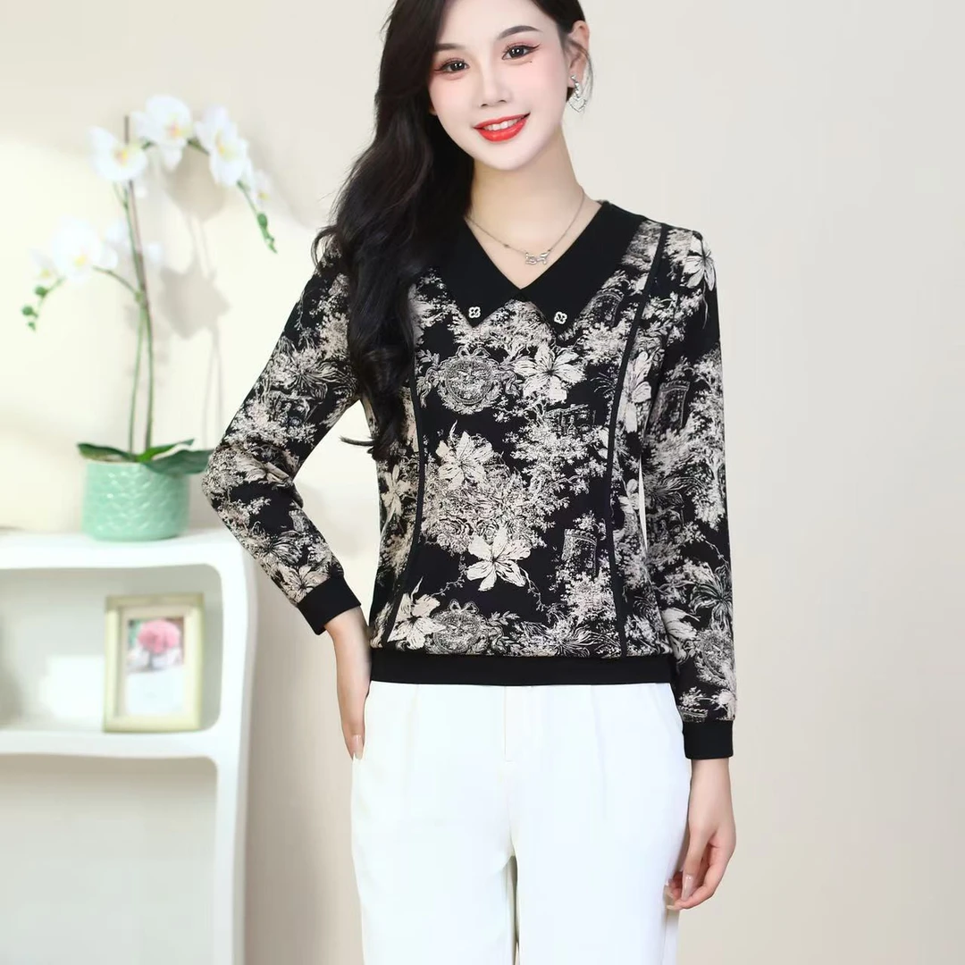 GS03妈妈时尚翻领小衫2024春秋装新款长袖T恤女上衣洋气打底衫