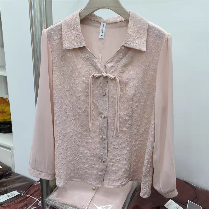 S018中式妈妈装长袖拼接翻领衬衫秋装新款洋气小衫中老年减龄上衣