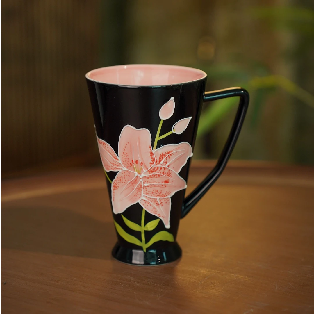 瑞涧百合美式马克杯手工家用创意主人杯手绘釉下彩带礼盒