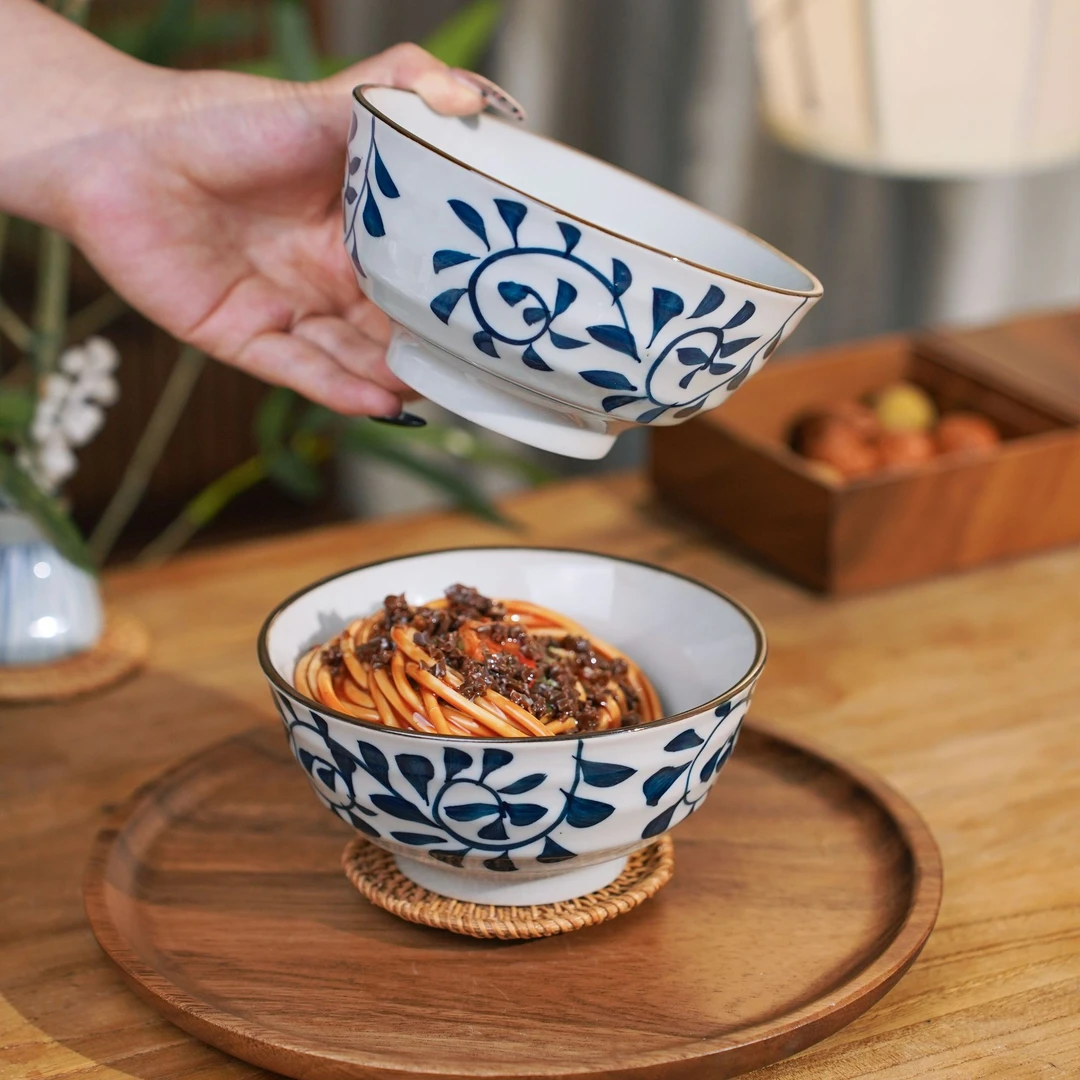 瑞涧钩藤米饭碗陶瓷手工手绘大碗釉下彩复古家用个性创意可爱