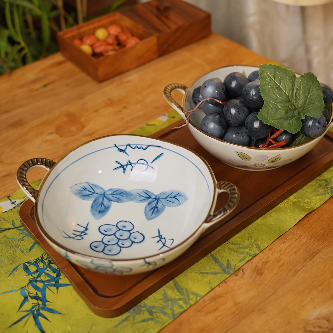 瑞涧陶瓷双耳面碗葡萄花朵汤碗创意手绘沙拉碗釉下彩大容量复古