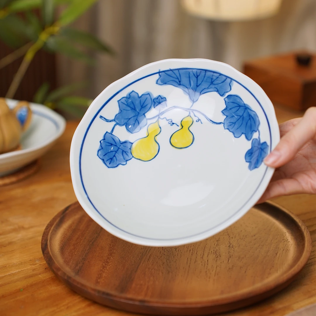 瑞涧葫芦葵口盘手工复古陶瓷手绘盘子个性创意釉下彩