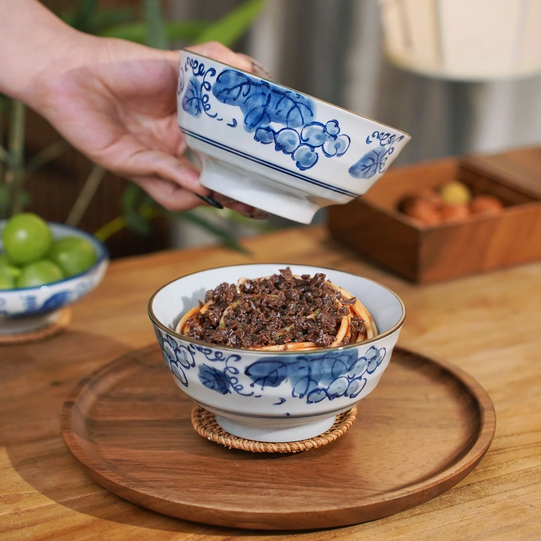 瑞涧陶瓷米饭碗葡萄手工复古家用中式手绘釉下彩缠枝大碗青花