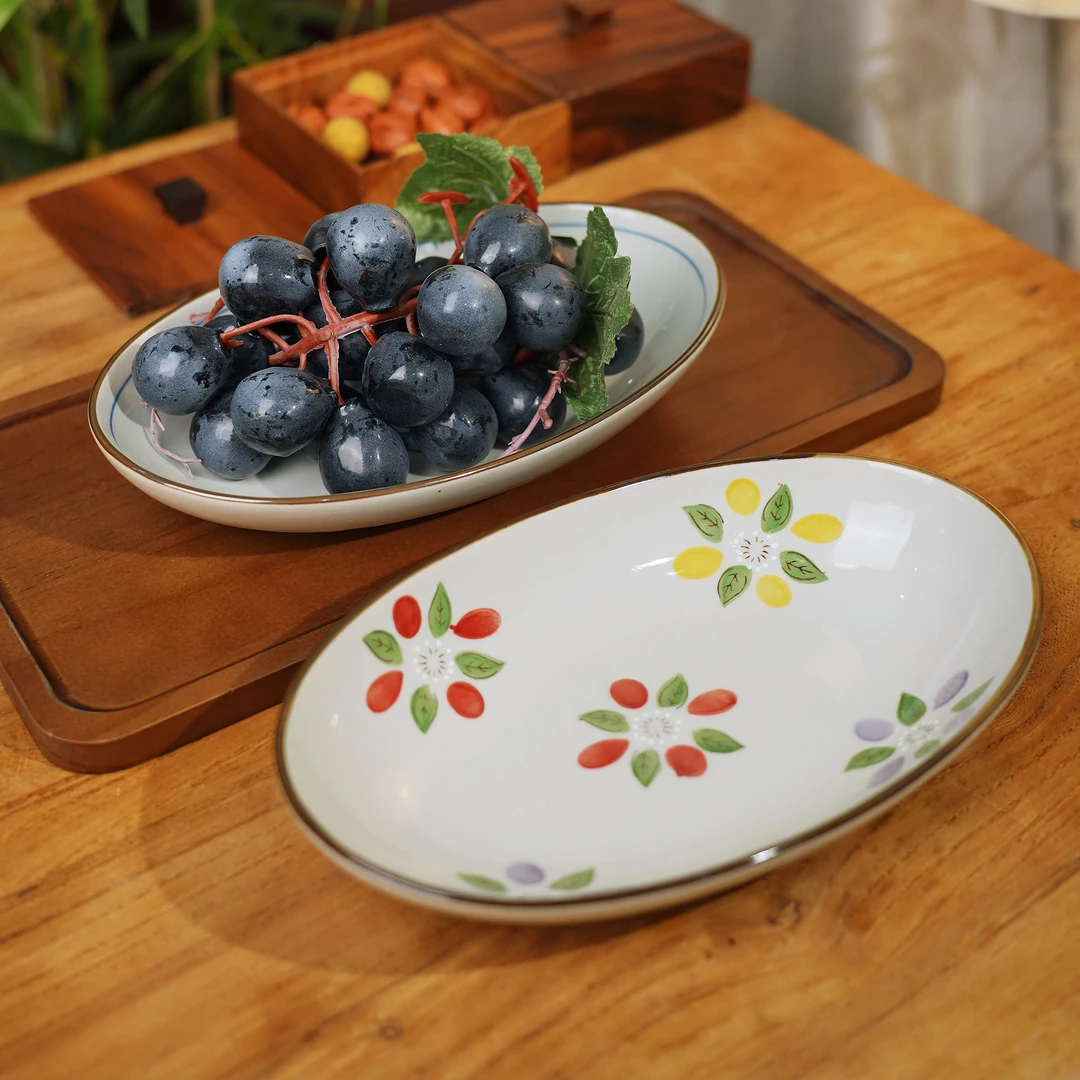 瑞涧椭圆盘葡萄花朵家用餐盘陶瓷菜盘可爱创意手绘釉下彩菜碟