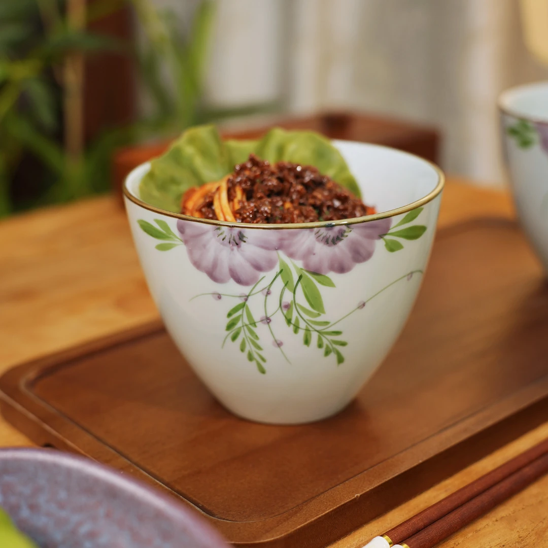 RIGEIAN/瑞涧紫藤面碗新中式家用陶瓷高温手绘釉下彩面碗500ml