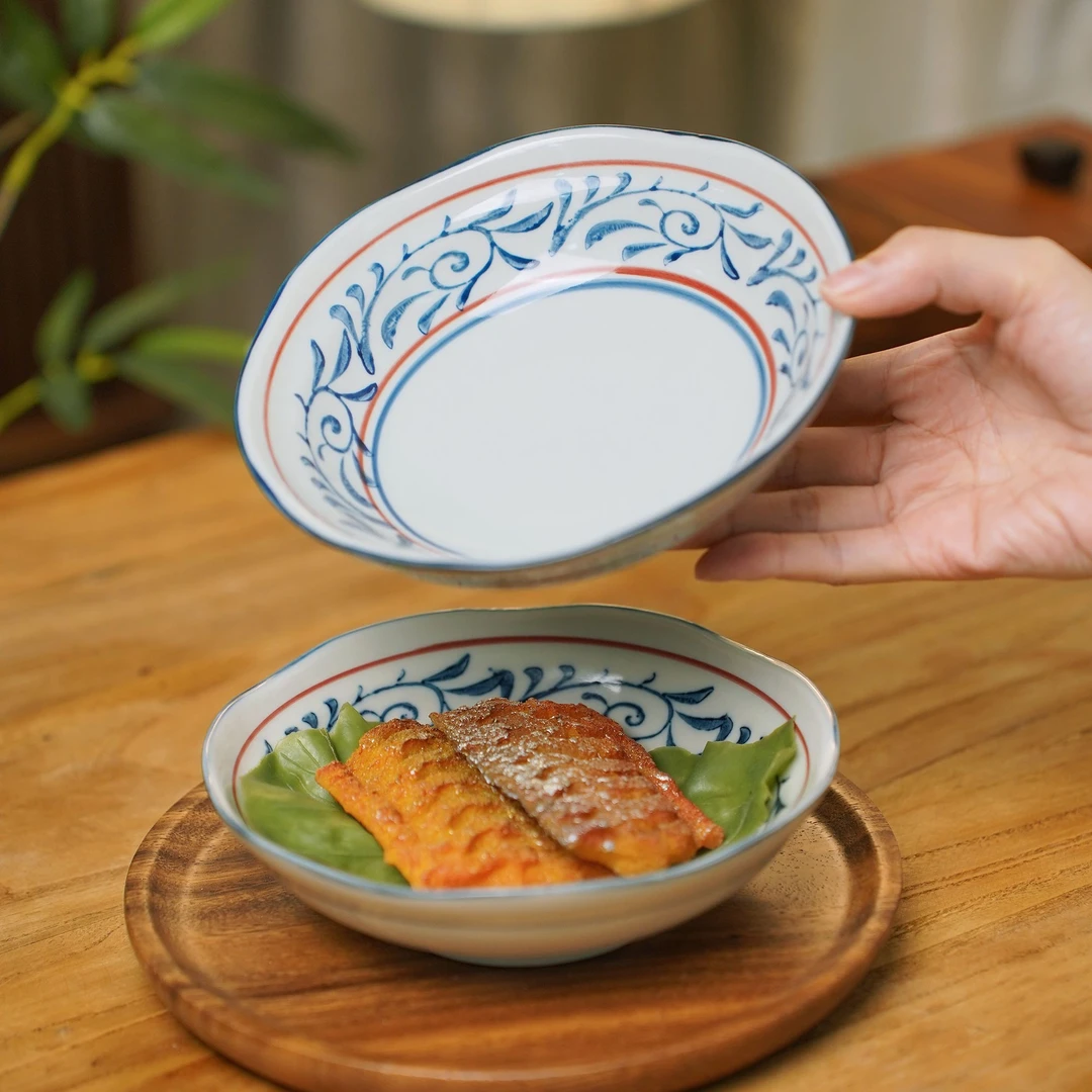 RIGEIAN/瑞涧【6.5寸花口细纹菜盘】唐草新中式陶瓷釉下彩点心盘