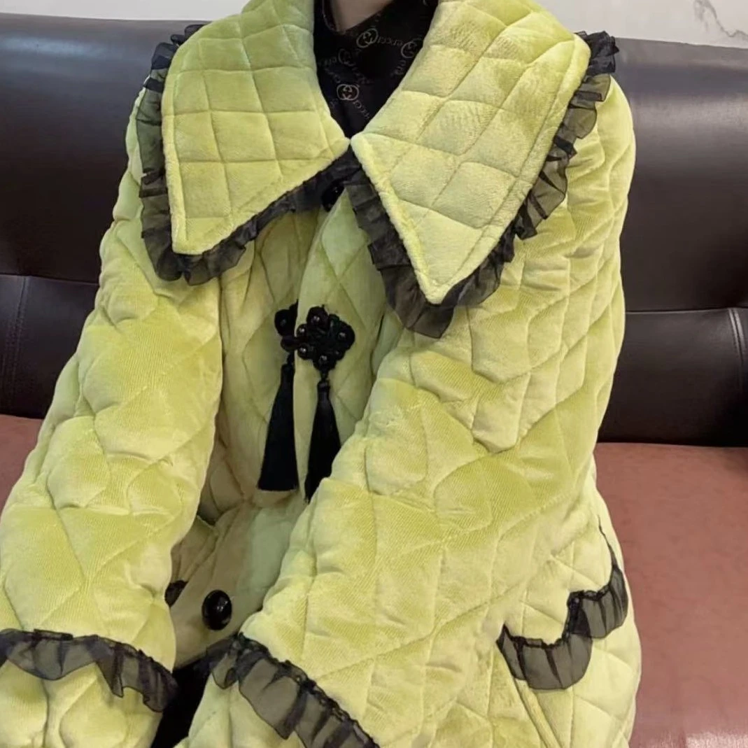 935新款原创果绿色三层加棉加厚套装居家外出款