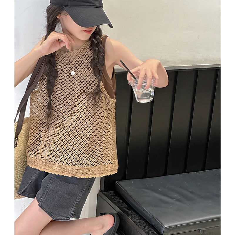 K26822镂空网眼女童夏季背心套装2025新款儿童上衣两件套时髦衣服