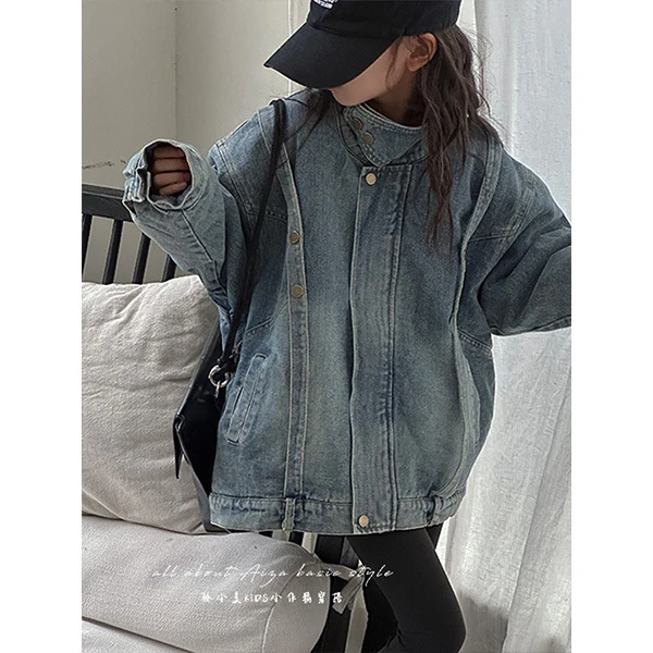 K25196韩国童装女童秋冬加绒牛仔毛毛绒外套新款儿童冬装加厚上衣