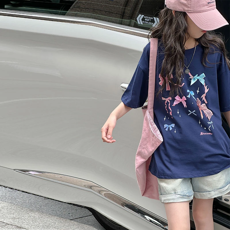 K26651飘带立体女童夏装短袖T恤儿童上衣2025新款夏季大童半袖潮t