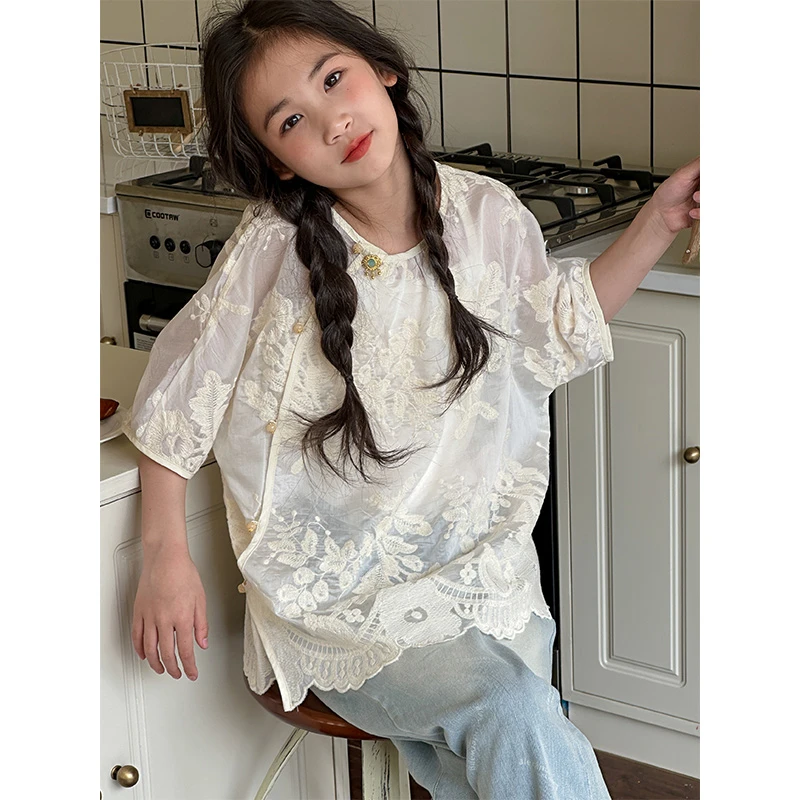 K26260蕾丝提花女童夏装衬衫短袖2025新款儿童上衣女孩民国风小衫