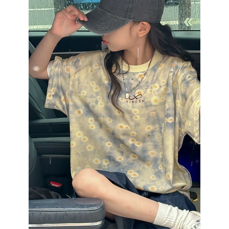 K26673小雏菊满印女童夏季短袖T恤2025新款儿童洋气上衣宽松半袖t