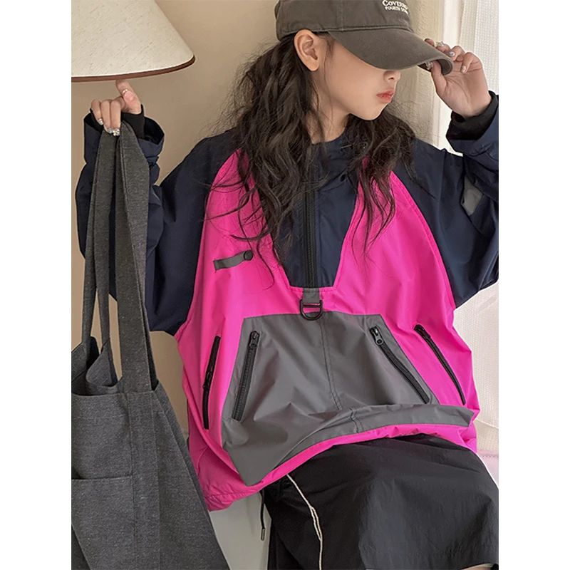 K25881三色拼接女童儿童外套春装新款2025洋气春秋拉链上衣宽松潮