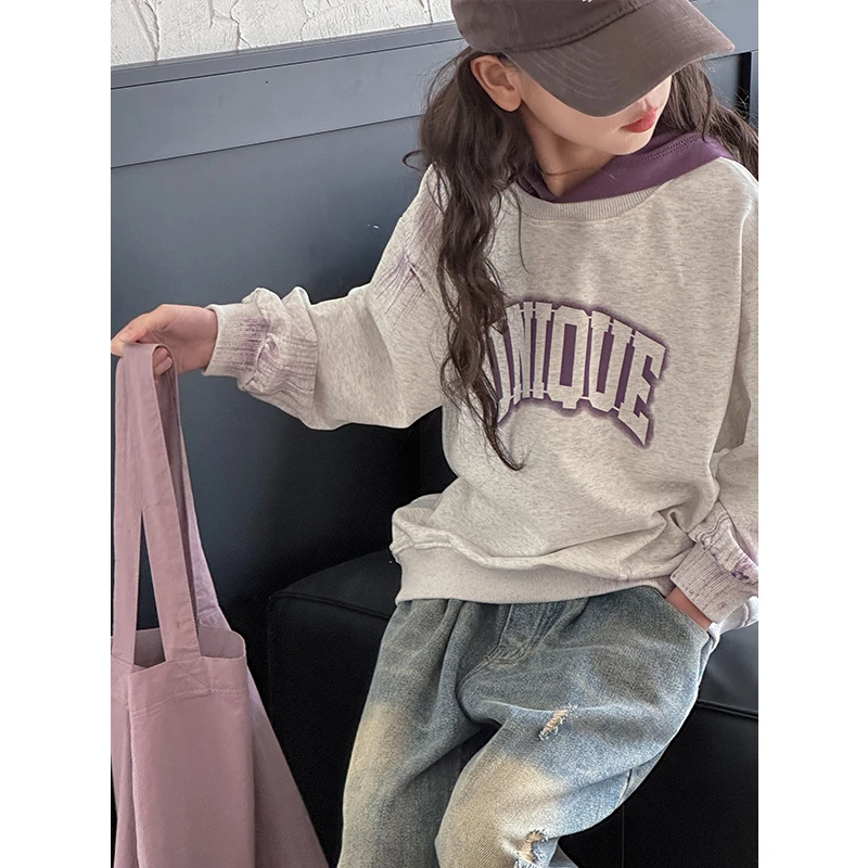 K25942喷印女童春装连帽卫衣2025新款儿童撞色长袖上衣春秋款衣服