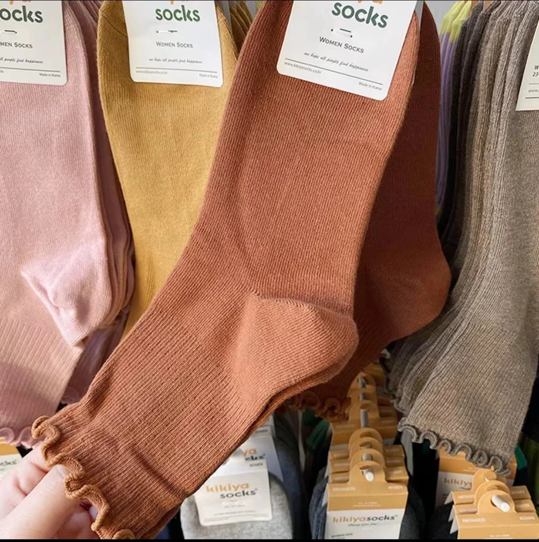 然宝家韩国东大门袜子简约女袜中筒袜木耳边堆堆袜