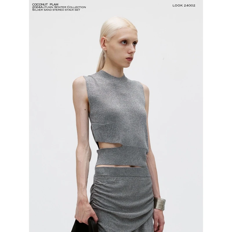 COCONUT PLAM*银纱堆叠开口无袖背心 /银色/黑色
