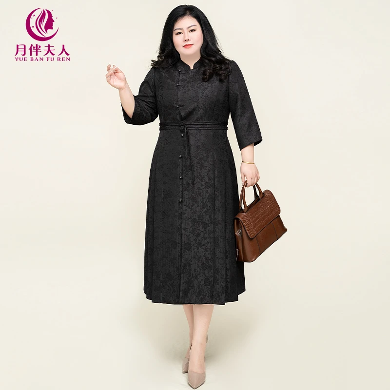 月伴夫人 2024秋季新款新中式高腰显瘦压褶复古盘扣连衣裙3157