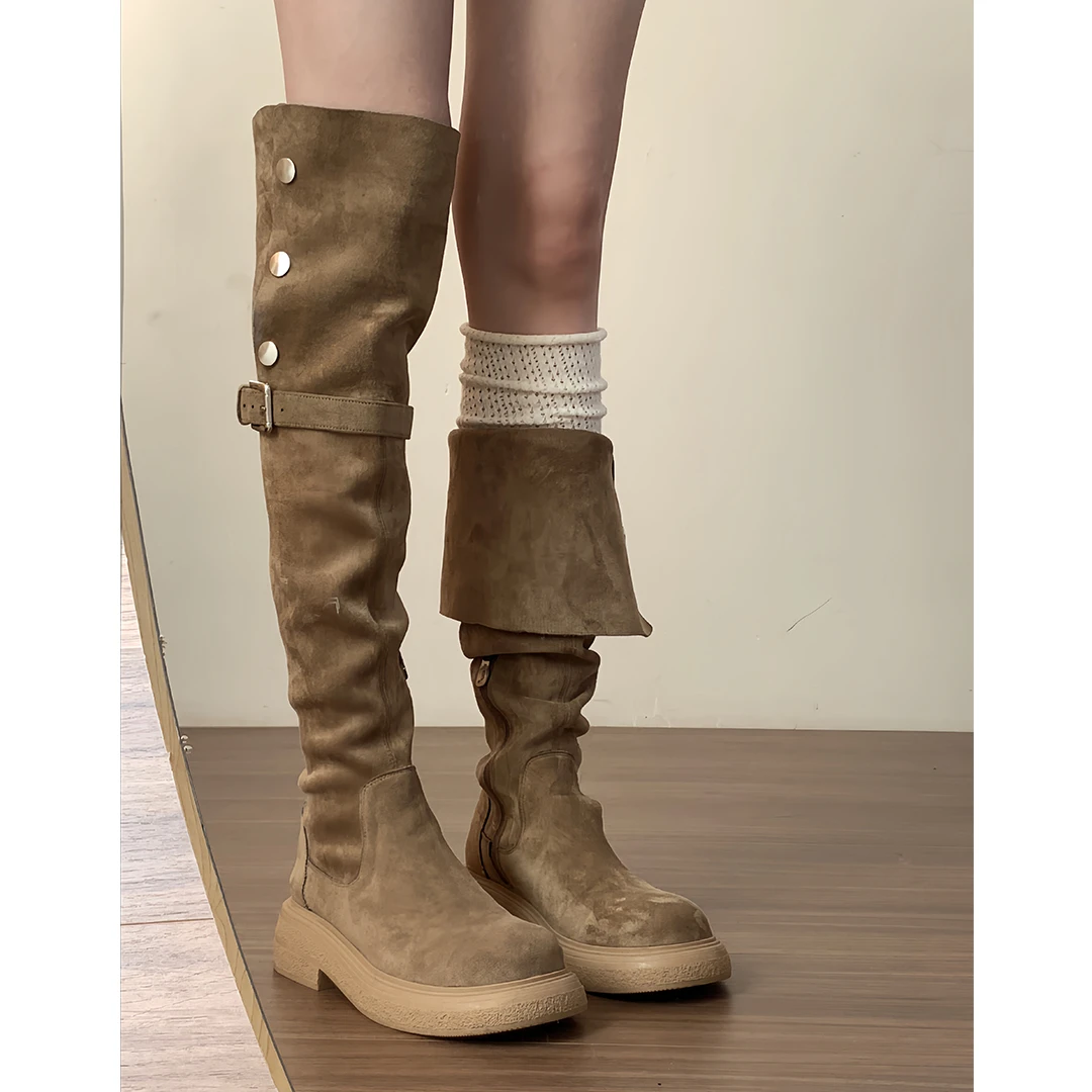 过膝长靴女厚底2024年秋冬爆款新款美拉德两穿翻折长筒靴高筒靴子