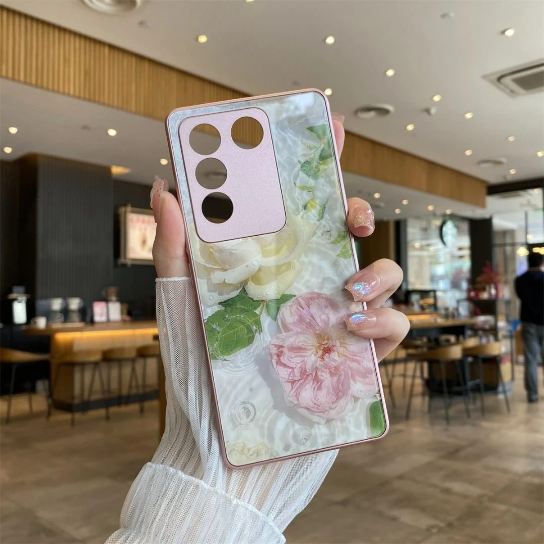 适用于VIVO S16-水中绽放玻璃【粉边】全包防摔手机壳