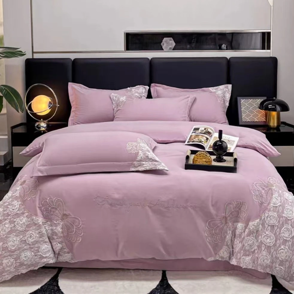 【新品尝鲜】新款精选长绒棉纯棉磨毛刺绣四件套-玫瑰印象/紫