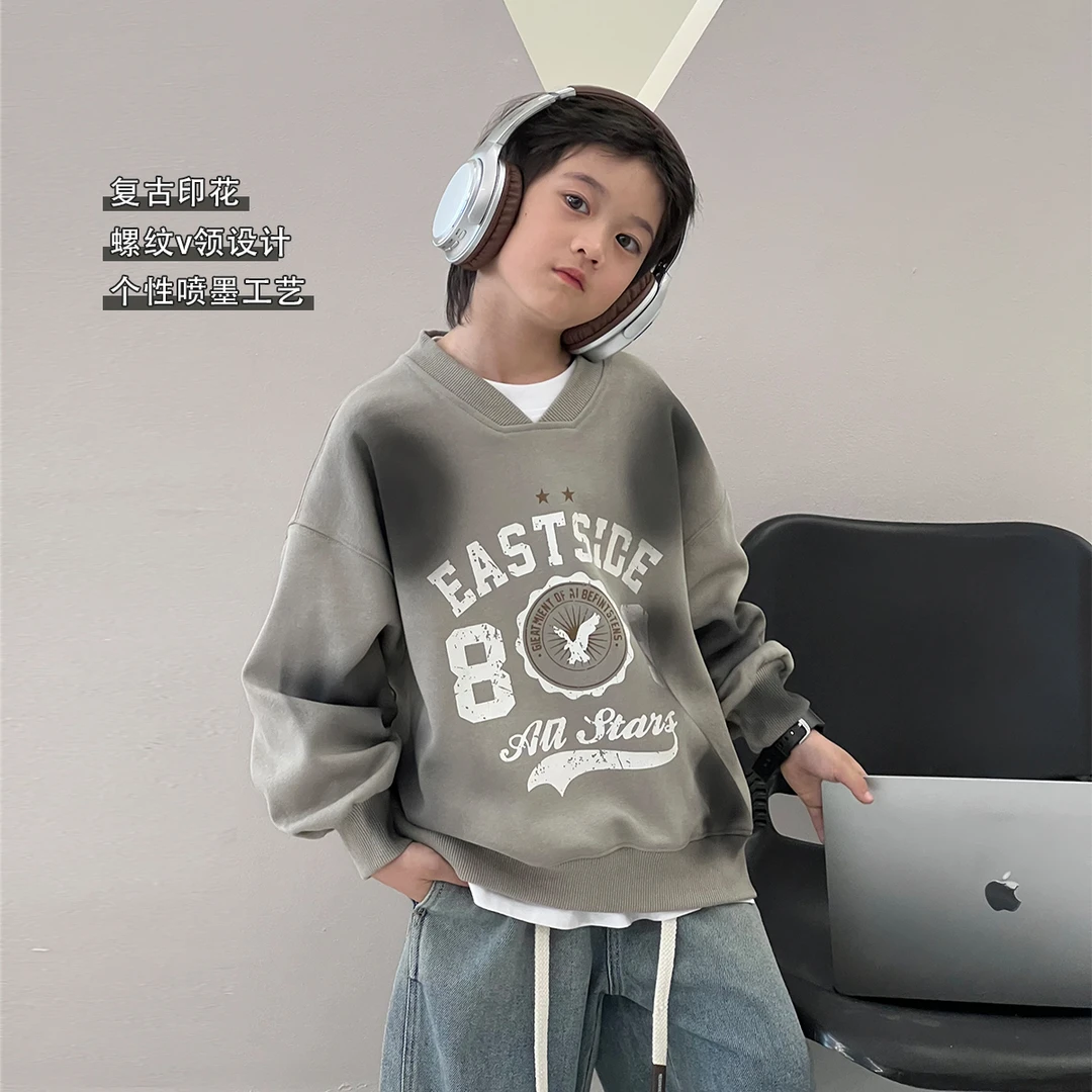 男童卫衣春秋款个性v领印花自制中大童套头衫儿童洋气上衣TY70725