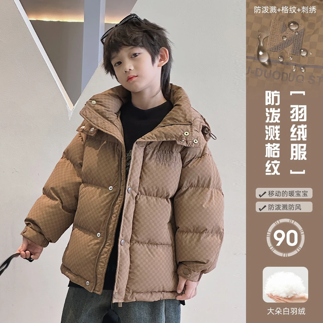 男童冬季冬新款中大童白鸭绒格纹保暖外套洋气连帽上衣潮HY1608