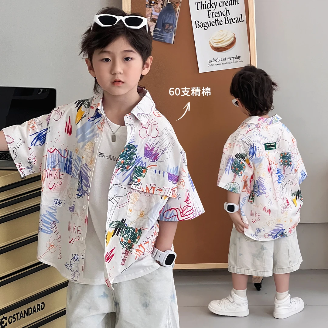 男童衬衫短袖夏季薄款帅气印花上衣男孩休闲时尚儿童衬衣TY02759