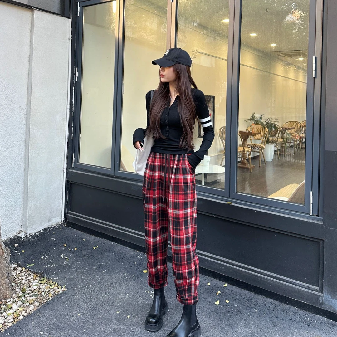 程程甄选  美式格子时尚潮显瘦宽松显瘦休闲哈伦裤3109