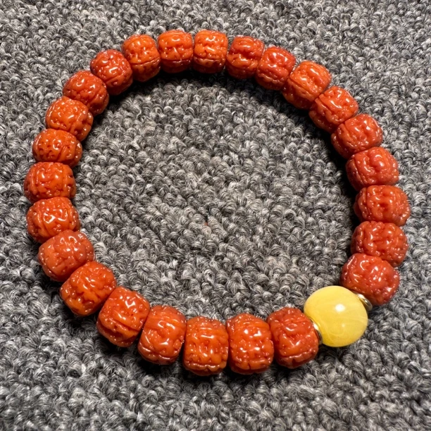 金刚菩提5瓣藏式盘龙纹手串文玩好物人工打底姜黄皮成品11mm±