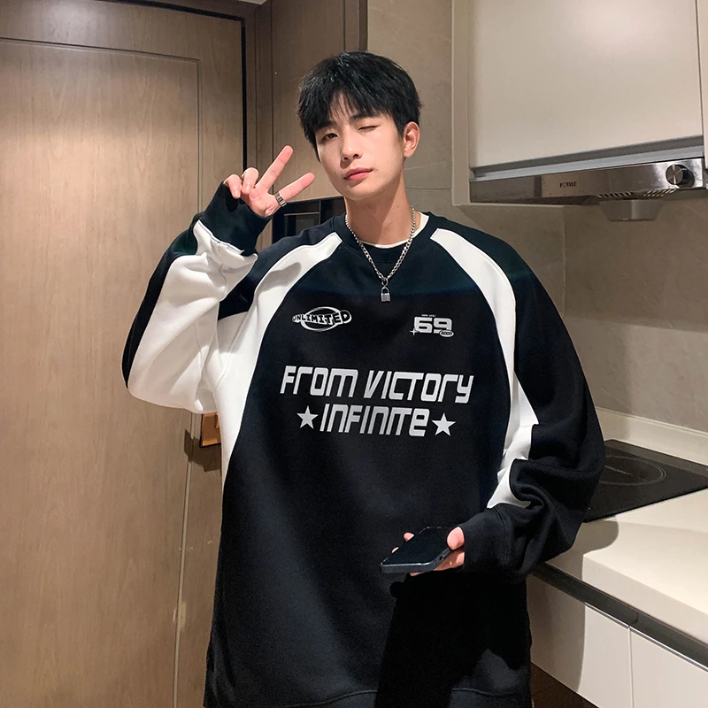 美式机车圆领卫衣男春秋新款设计感小众oversize欧美复古宽松上衣