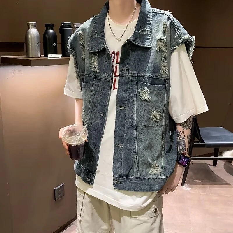 美式牛仔马甲男春秋款潮牌宽松休闲百搭痞帅做旧无袖水洗坎肩外套