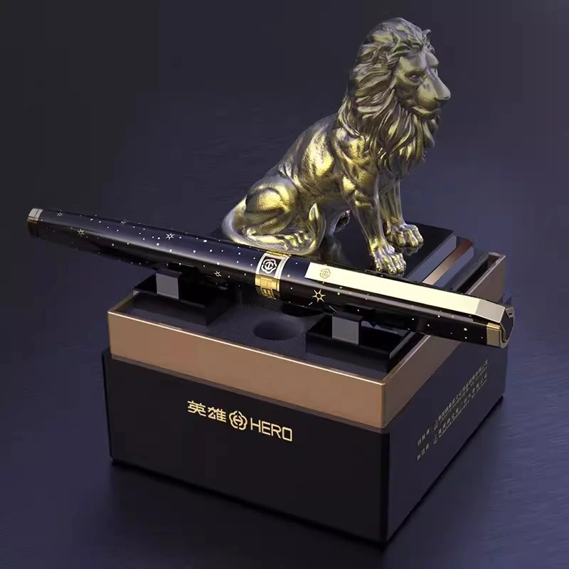 HERO/英雄1085铜狮子底座钢笔墨水笔软弹尖金属笔杆黑金商务练字