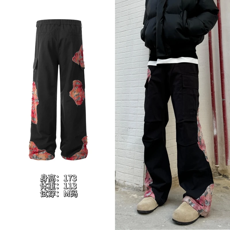 秋季美式原创高街拼接工装休闲裤男女高街ins潮长裤直筒潮流裤子