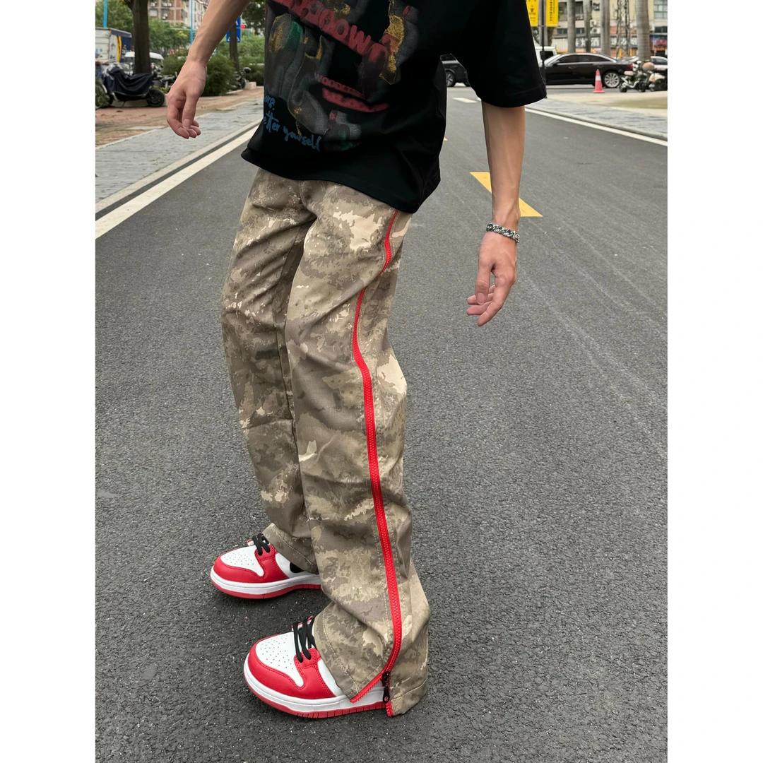 爆款美式高街拉链迷彩工装裤男女同款直筒长裤微喇裤子男生牛仔裤