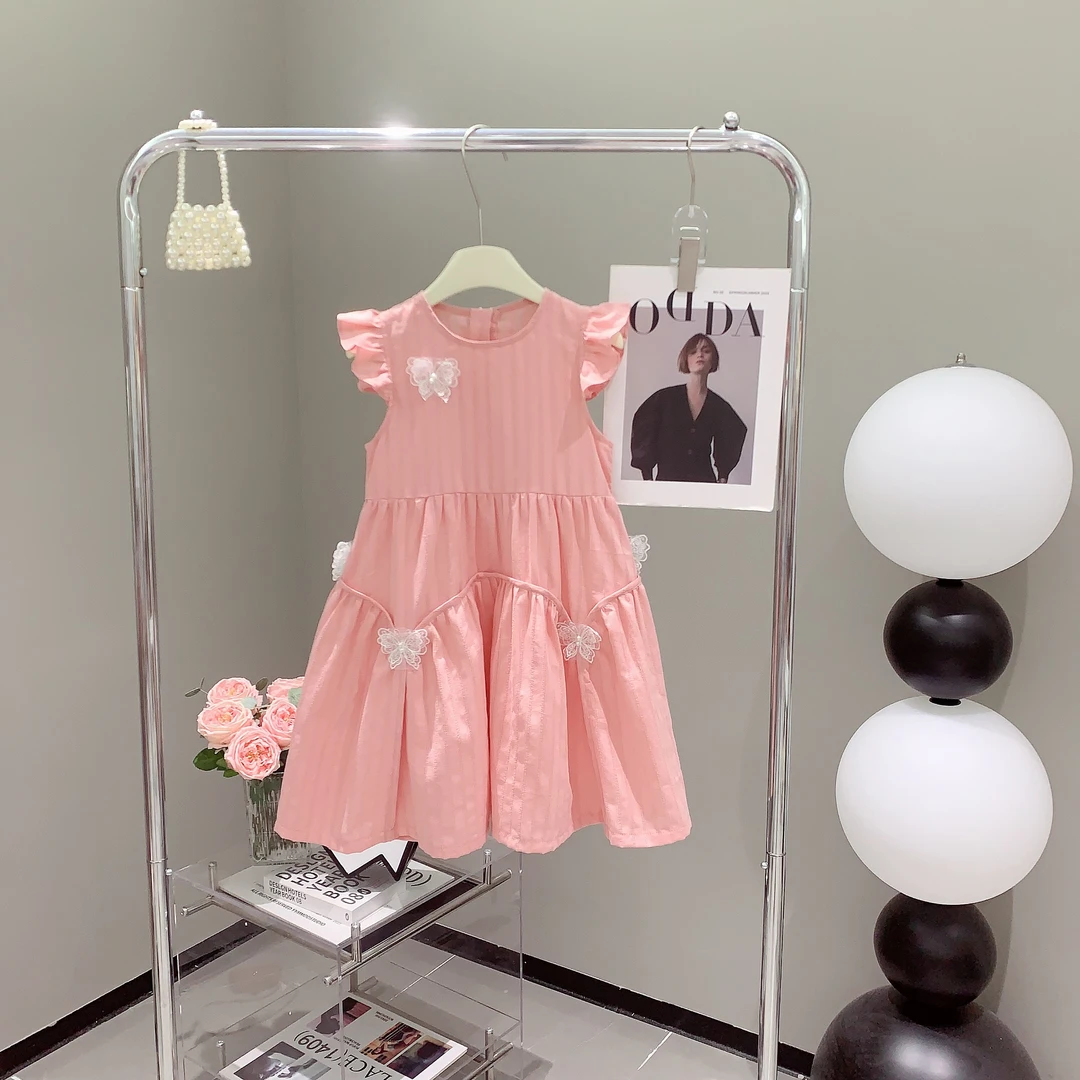 【波波鹅】2024新款夏季韩版纯色淑女甜美蝴蝶女童连衣裙--Y2540
