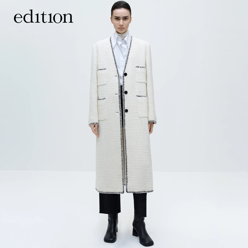 edition2023冬新款毛呢大衣女小香风粗花呢长款外套#EBC4OVCT12