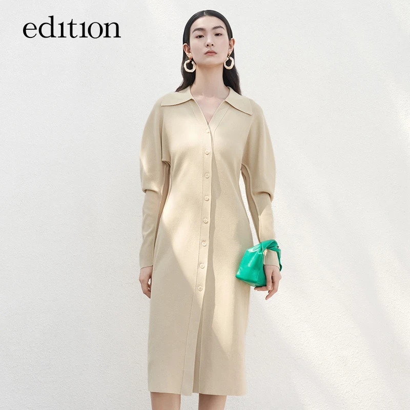 【商场同款】edition针织连衣裙女立体袖复古收腰裙子#EBB1DRS016