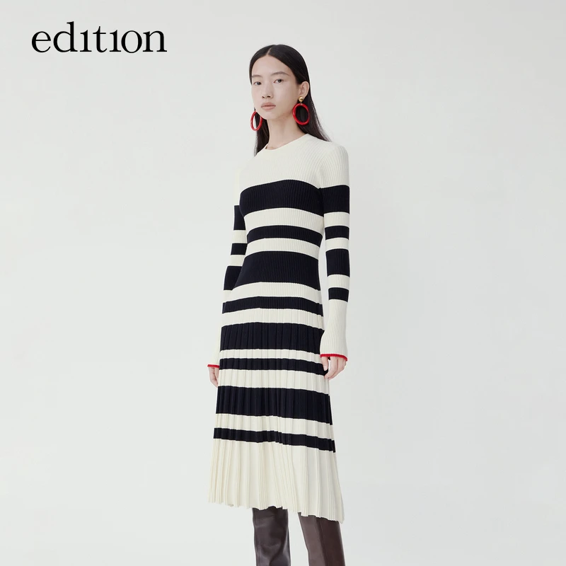 【商场同款】edition黑白条纹针织连衣裙女弹力百褶裙#EBB4DRS011