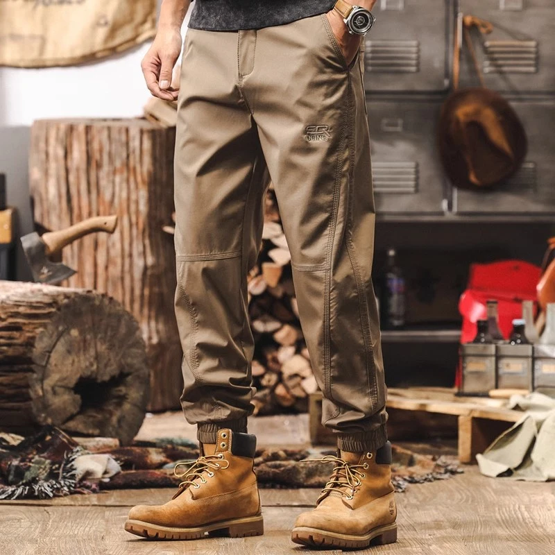 美式复古重磅卡其色工装裤子男秋冬款潮牌宽松直筒束脚男士休闲裤