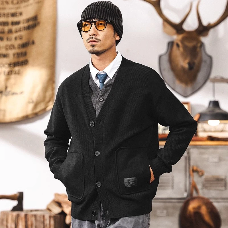美式复古V领开衫毛衣外套男冬季2024新款潮牌慵懒风设计感针织衫
