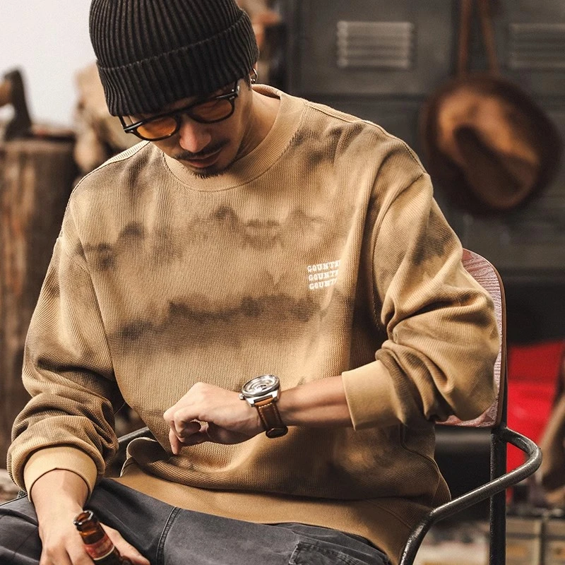 美式复古百搭重磅波浪纹卫衣男士秋冬新款潮牌宽松刺绣休闲外套男