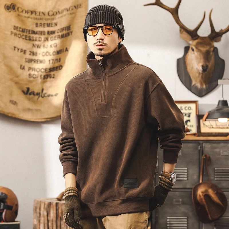 美式复古加绒雪尼尔360g重磅半高领卫衣男冬季加厚条绒宽松外套男