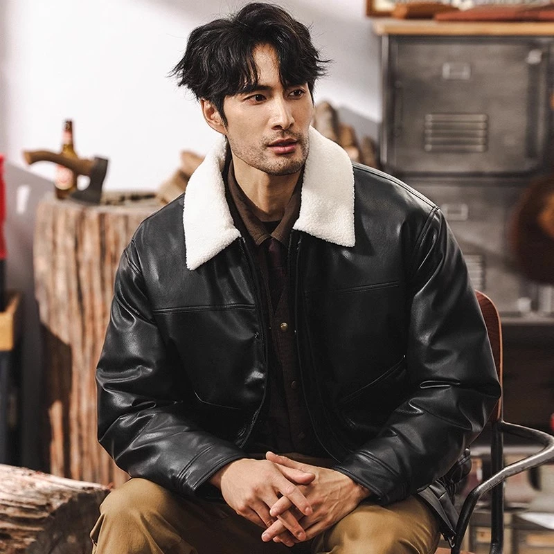 新国标90鸭绒美式复古皮衣羽绒服男冬季加厚羊羔毛领男士秋冬外套