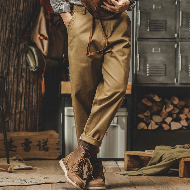 美式重磅复古阿美咔叽裤子男秋冬款卡其色工装裤男直筒锥形休闲裤